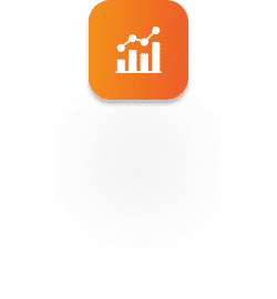 A glowing orange square icon with a white graph symbol, featuring a bar chart with two upward lines, sits above a dark circular shadow.