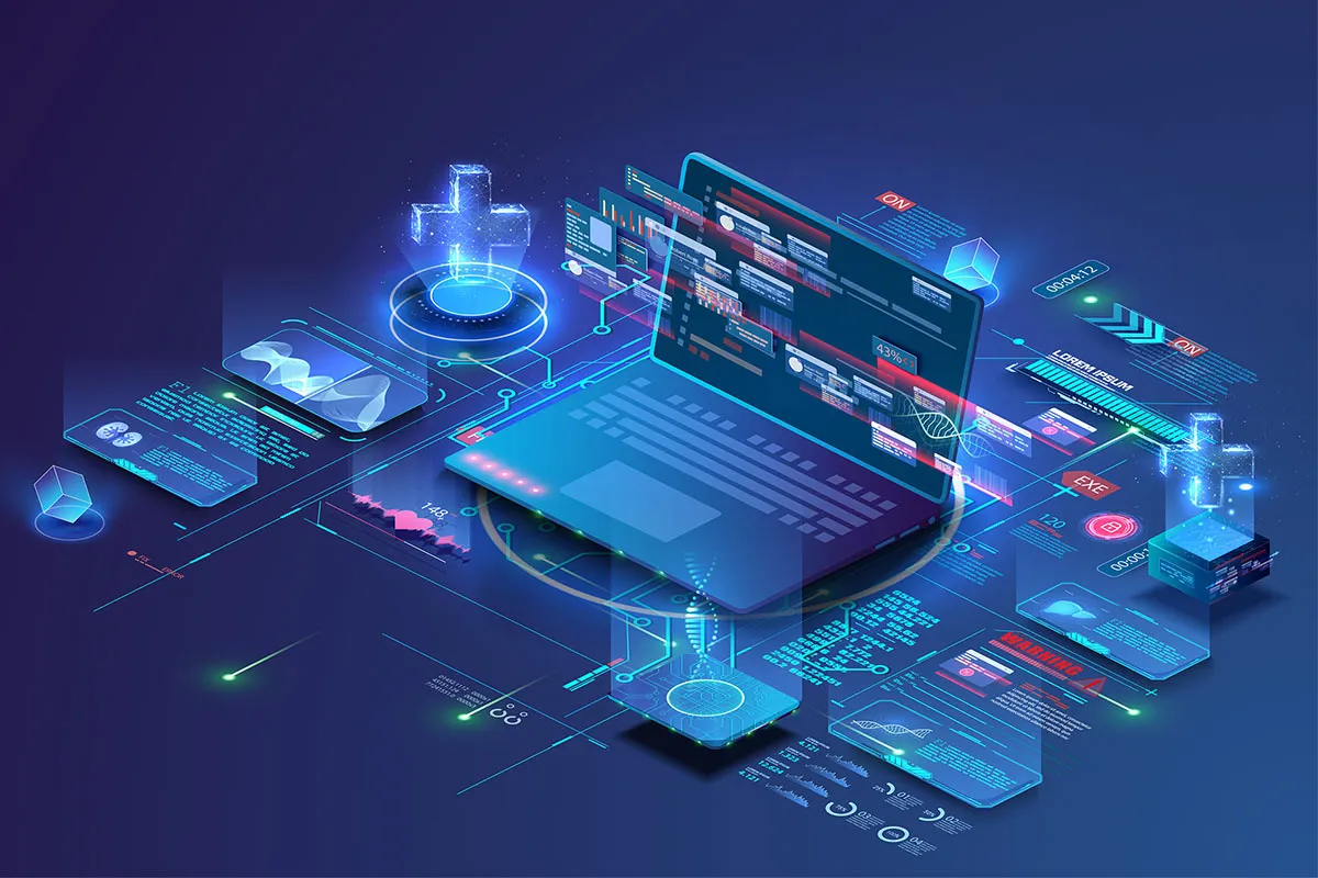 A futuristic digital interface displays holographic data over a laptop, featuring graphs, charts, and various icons. The scene is illuminated with a blue and purple neon glow, showcasing a high-tech and innovative design.